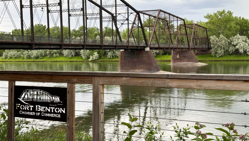 Looking out at the Missouri River and the iconic bridge in Fort Benton, MT. View from the Chamber of Commerce porch.